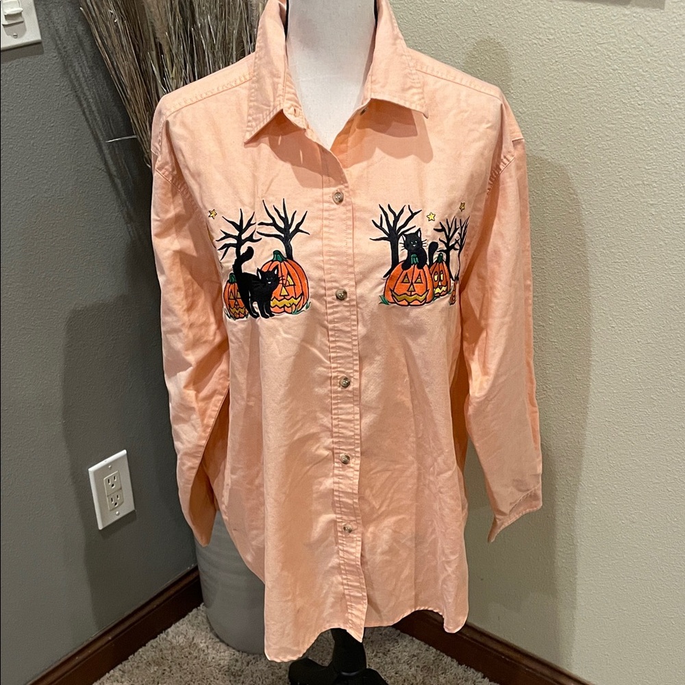 Vintage Halloween Mandal Bay Orange Pumpkin Cat Button Down Shirt L/XL